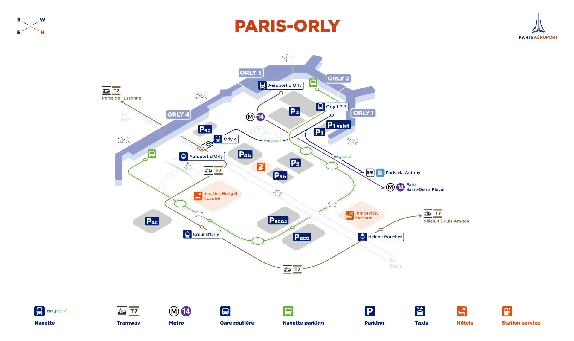 Plan de l'aéroport Paris-Orly, des parkings, des navettes et des hôtels