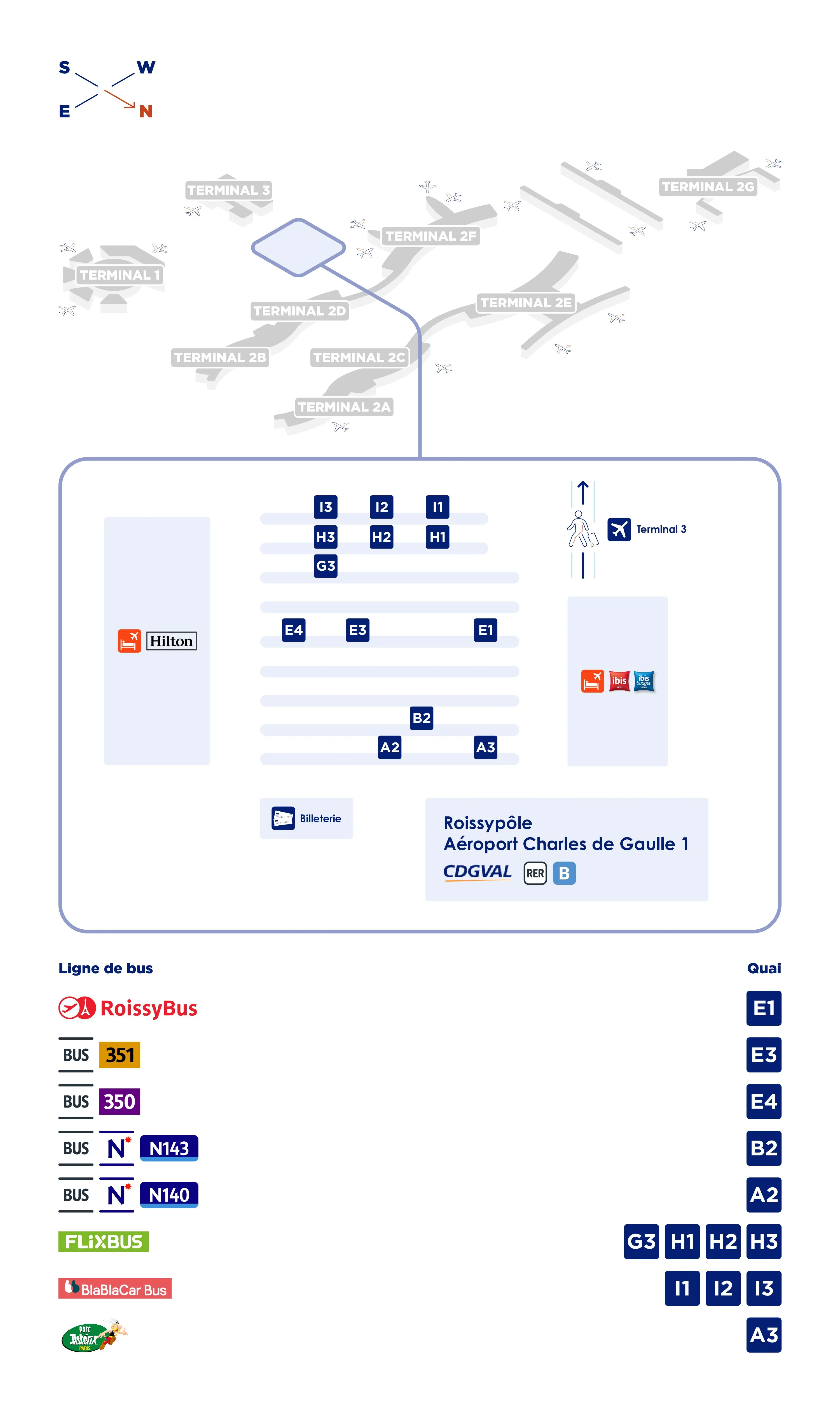 Plan de la gare routière Roissypôle - Terminal 3