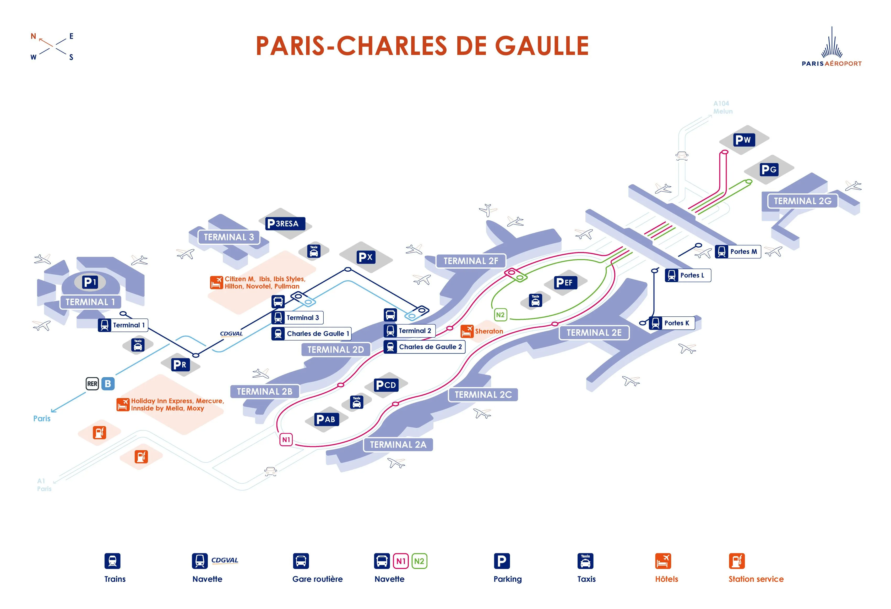 Plan de l'aéroport Paris-CDG, des parkings, des navettes extérieures et des hôtels